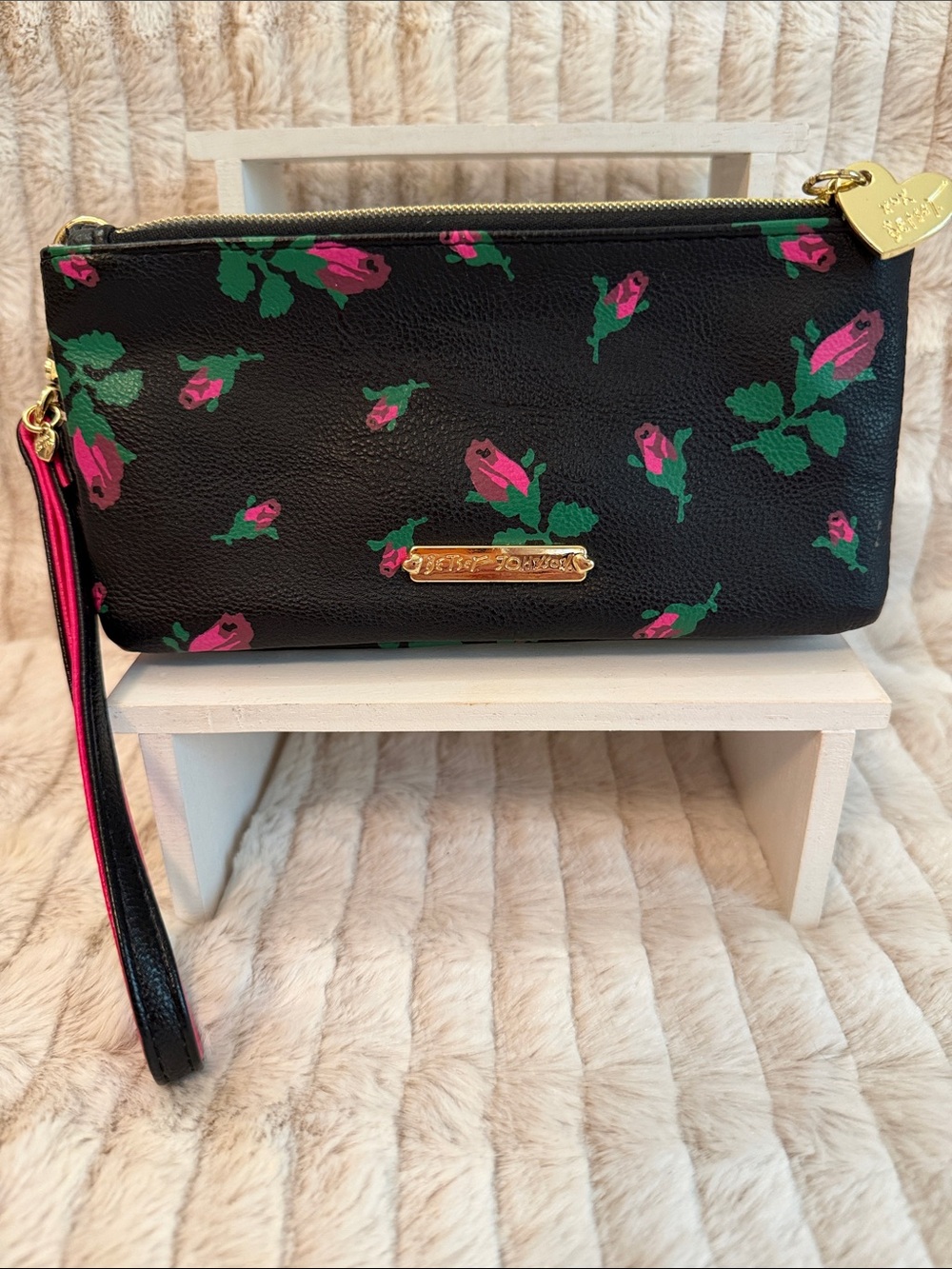 Betsey Johnson Black Floral Rose Print Wristlet with Gold Accent
